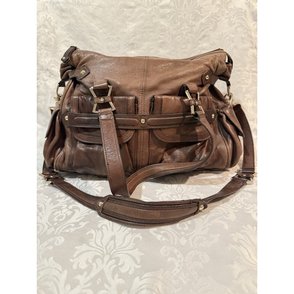 Junior Drake Megan large satchel Purse Bag Brown Leather front utility pockets